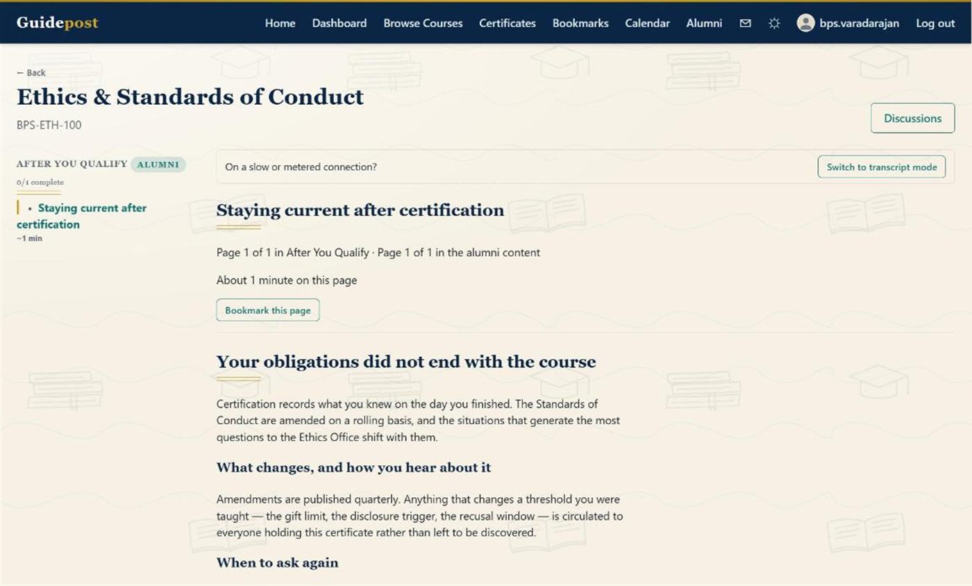 An alumni-only module open in Guidepost. The sidebar is scoped to the alumni
                  material and carries an ALUMNI badge; the page counter reads page 1 of 1 in the
                  alumni content, and no progress bar is shown.