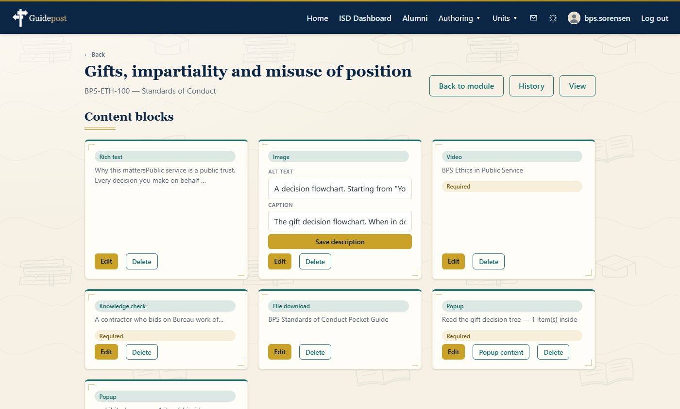 The Guidepost page editor for a course page. Seven content blocks are laid out as
                  cards, each tagged with its type — Rich text, Image, Video, Knowledge check, File
                  download and two Popups — with Edit and Delete controls, and a Required marker on
                  three of them. The image block shows its own alt text and caption fields.