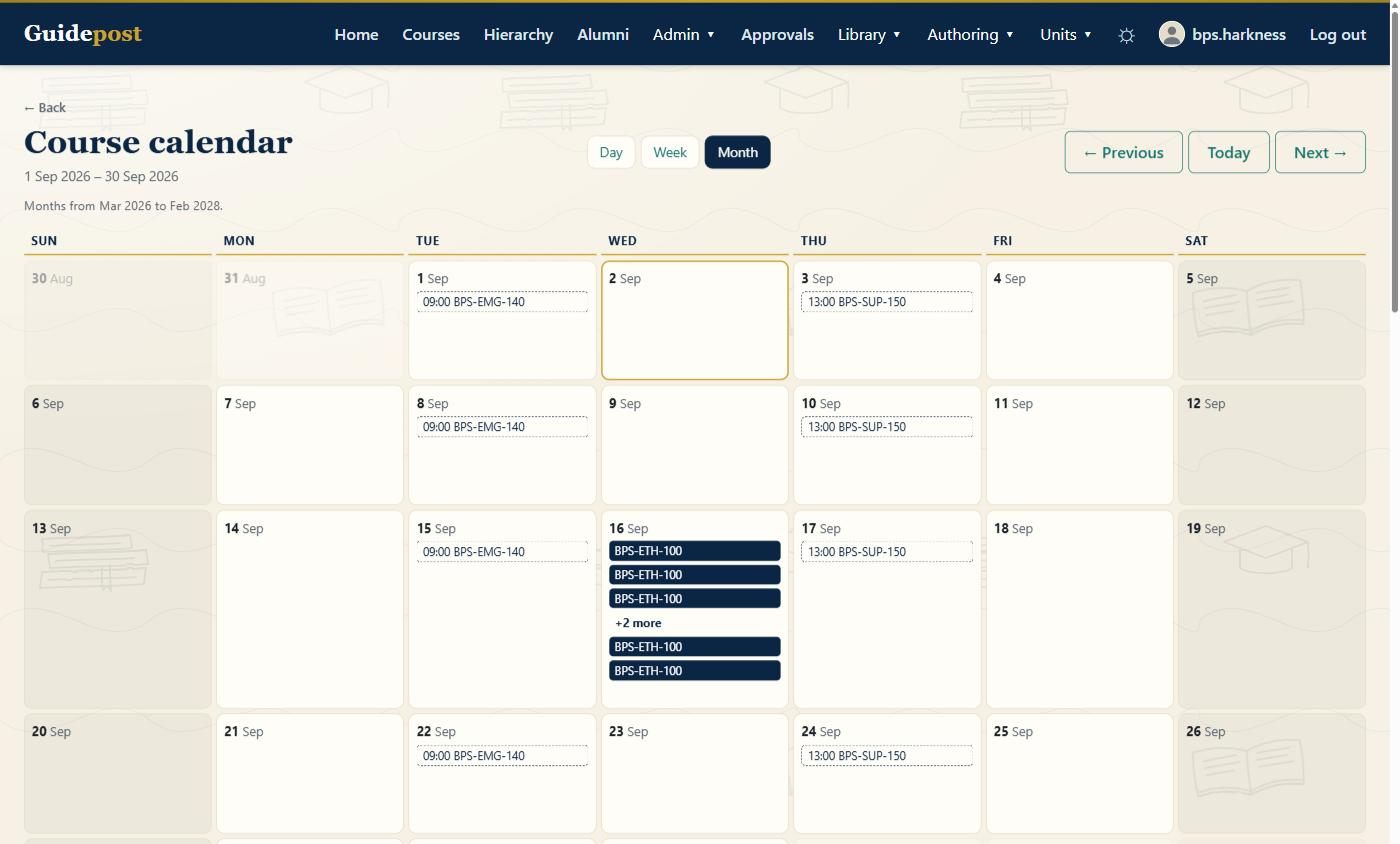 The Guidepost course calendar in month view. A weekday-aligned grid shows class
                  sessions with their start times and course codes; one day holds five sessions, so
                  three are listed and the rest sit behind a plus-two-more control.