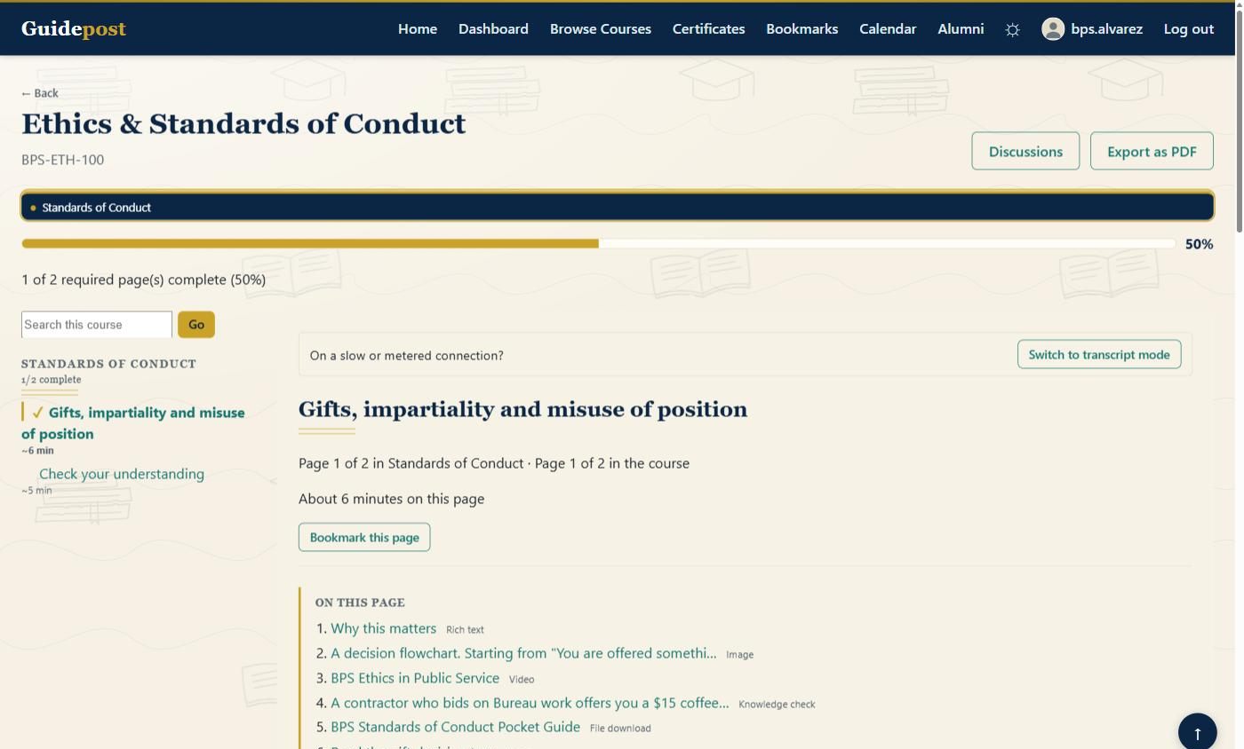 A Guidepost course page as a student sees it: a module progress bar reading 1 of 2
                  required pages complete, a course sidebar with a checkmark against the finished
                  page, and an On This Page contents list naming each block by its type — rich text,
                  image, video, knowledge check and file download.