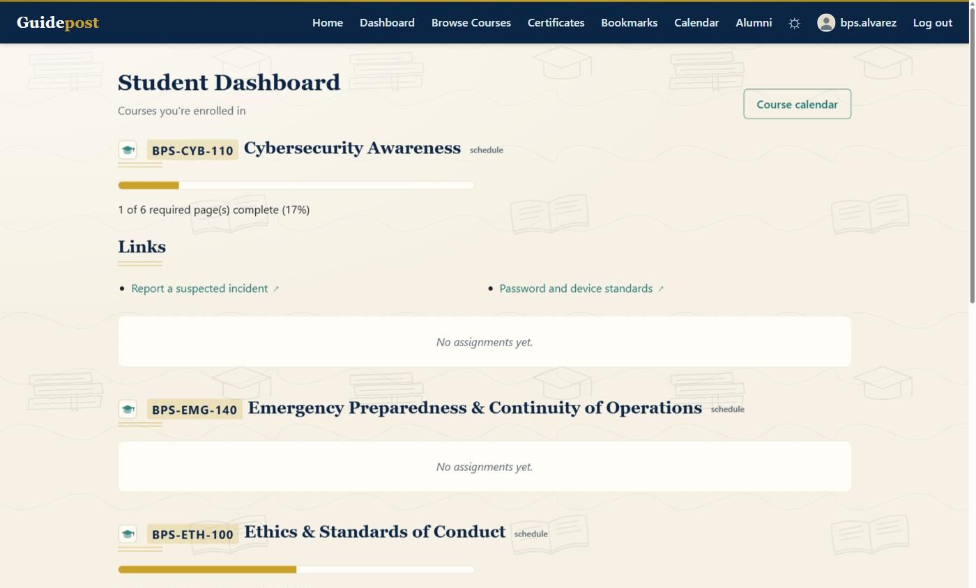 A student's Guidepost dashboard listing three enrolled courses, each with a
                  progress bar and a count of required pages completed, alongside course links
                  and assignment status.