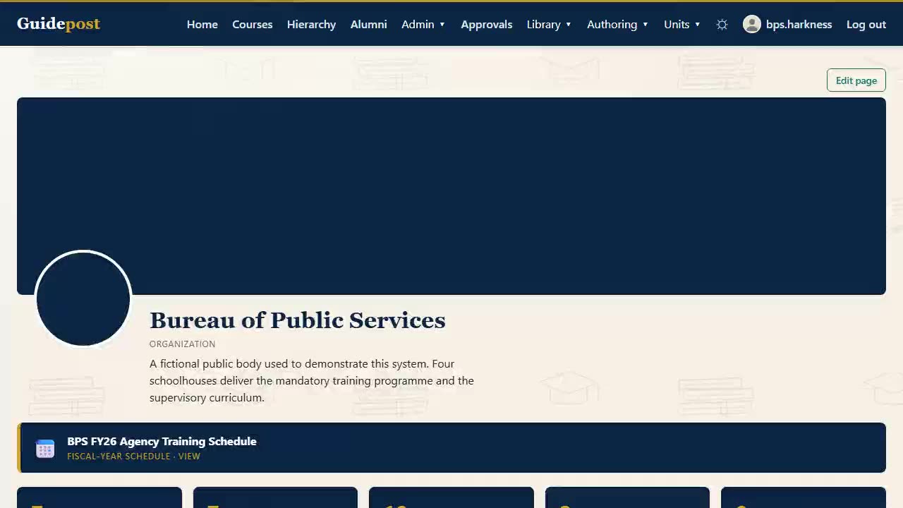 The Guidepost landing page for the Bureau of Public Services: a unit banner and
                  emblem above five figures — live courses, courses in total, enrolled students,
                  people waiting for a seat, and archived courses — with announcements below.